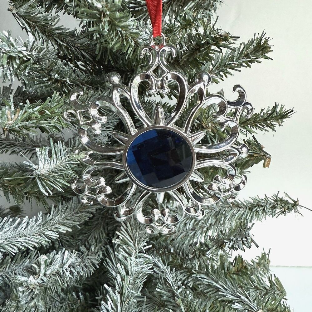 Lenox Blue Gem Snowflake Christmas Tree Ornament Bejeweled Silverplate Xmas
